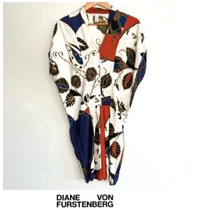 DIANE VON FURSTENBERG DVF Leaf Color Block Print Silk Pleated Mini Dress Sz 6